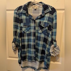 Urbanology Blue Teal Plaid button-up shirt Rolled Sleeves Size XL New With Tags!
